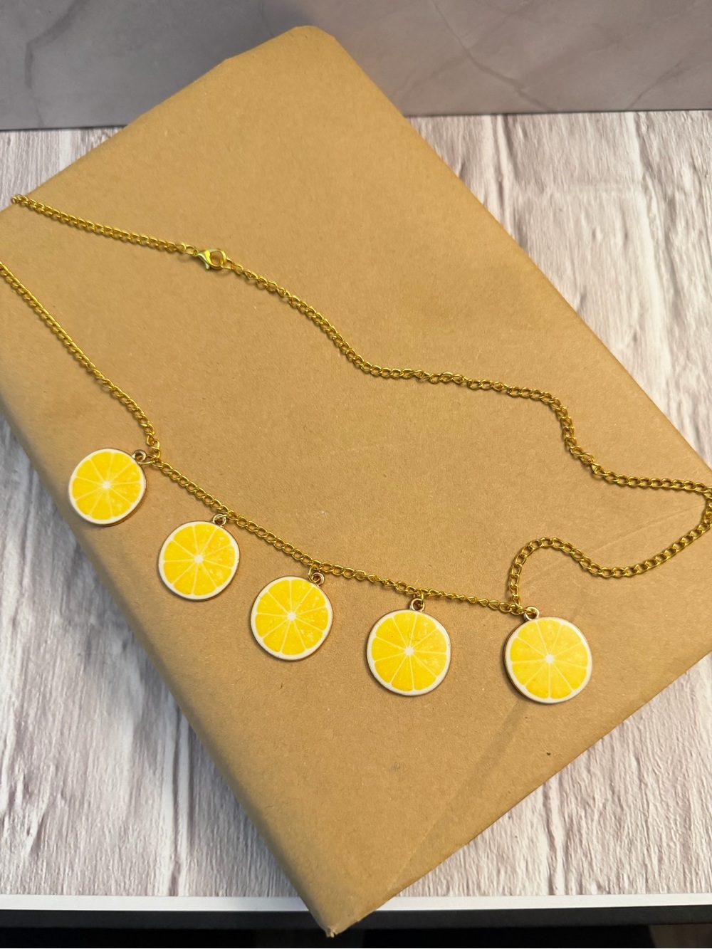 Gold-Tone Lemon Slice Charm Necklace | Book/Bible Chain | Bag or Purse Chain